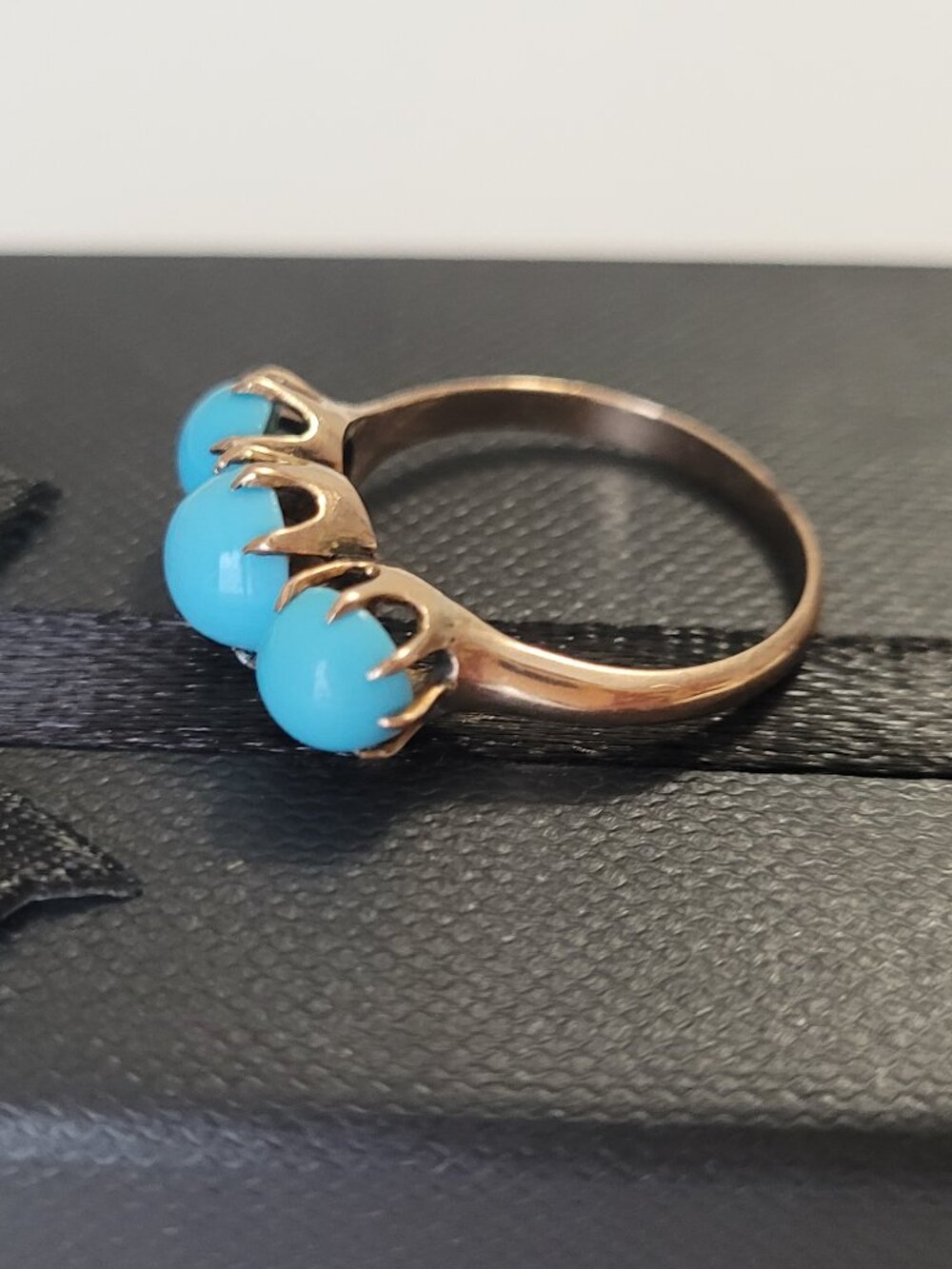 Turquoise Antique Gold Ring Victorian 3 Blue Stones 10k December Birthstone - Picture 2 of 16